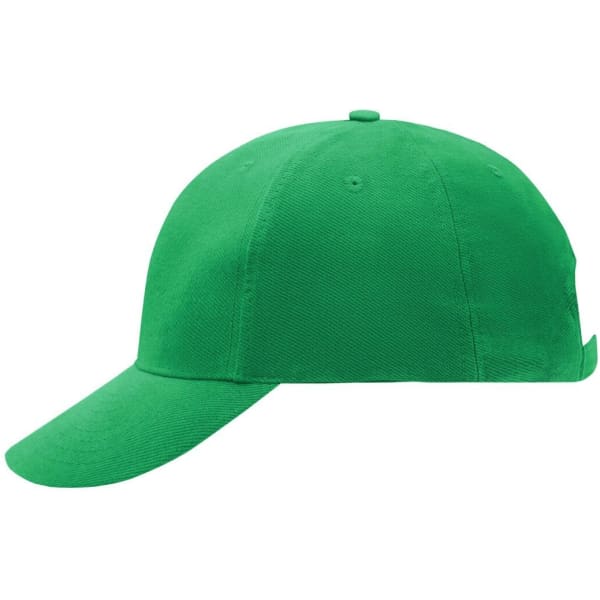 A green 6 panel cap with a curved brim and an adjustable strap. It features a logo on the side.