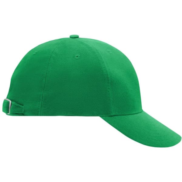 A green 6 panel cap with a curved brim and an adjustable strap at the back. Features a logo.