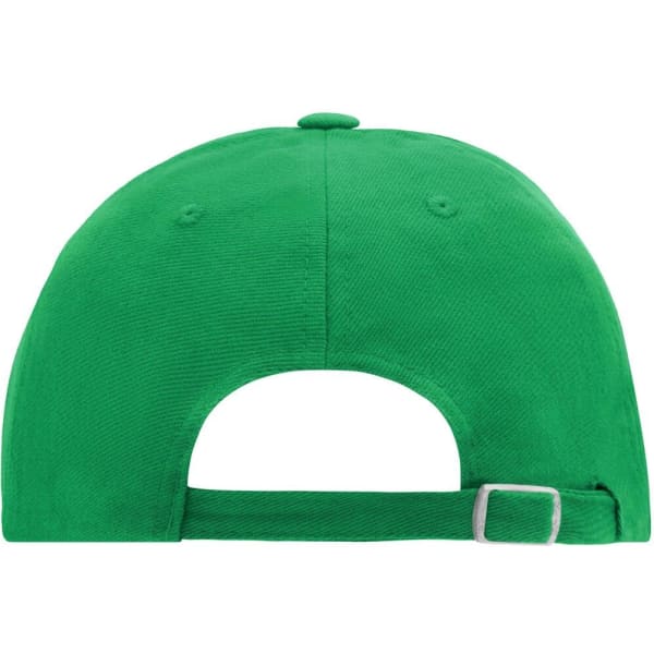 A green 6 Panel Raver Cap with an adjustable strap at the back and a logo.