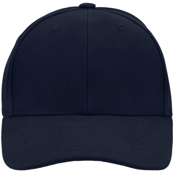 A navy blue 6 panel cap with a structured design and a brim. It features a logo on the front.