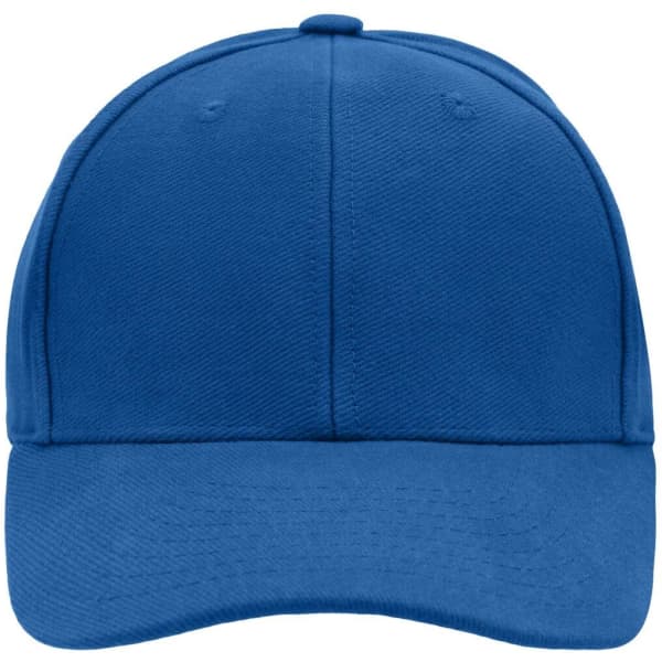 A blue 6 panel cap with a rounded peak and a logo on the front. Simple and vibrant design.