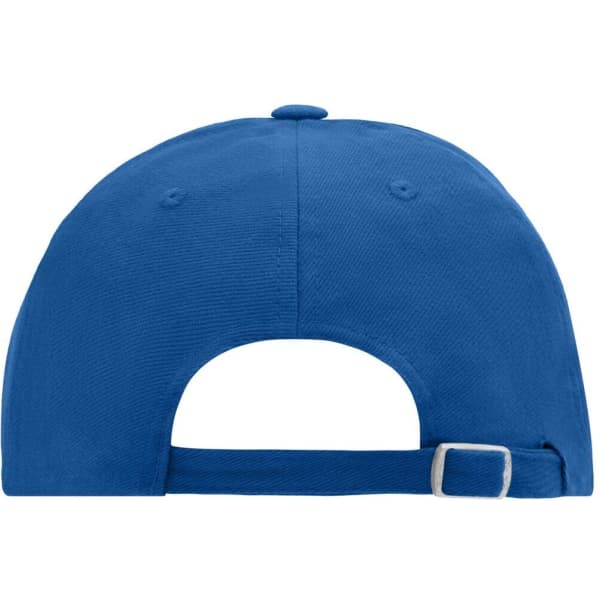 A blue 6 panel cap featuring a curved brim and an adjustable strap at the back, with logo branding.