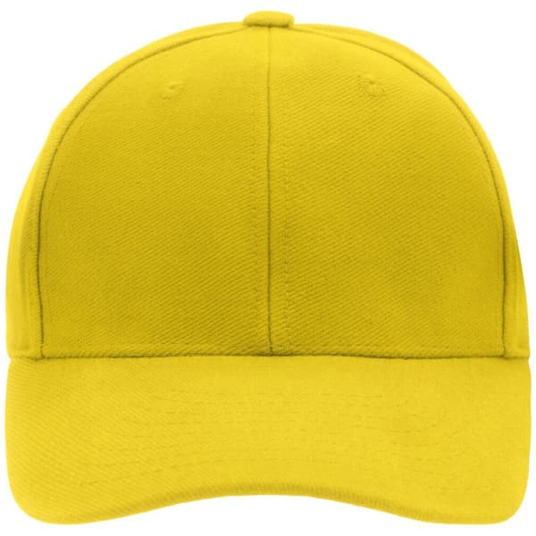 A yellow 6-panel cap with a structured design and a logo on the front.