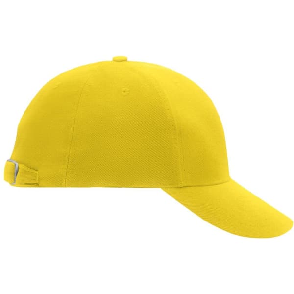 A yellow 6 Panel Raver Cap with a curved brim and an adjustable strap at the back. It features a logo.