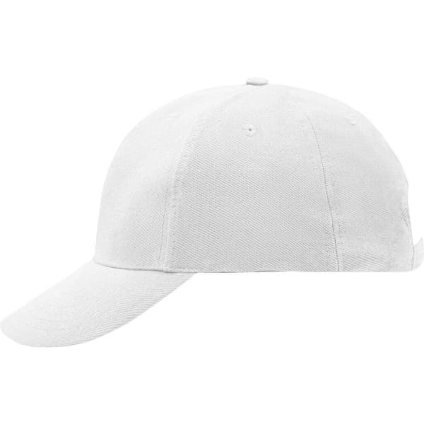 A white 6-panel cap with a curved brim and a branding logo on the side.