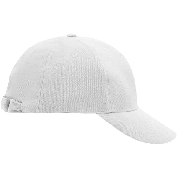 A white 6 panel raver cap with a curved brim and an adjustable strap at the back.