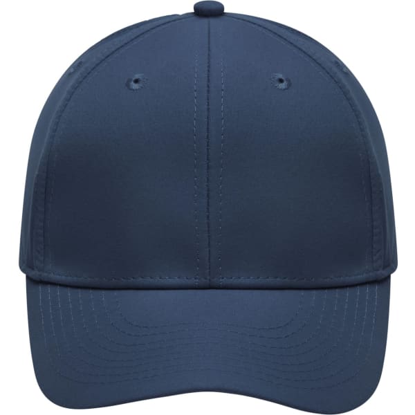 A navy blue 6-panel polyester peach cap with a rounded peak and ventilation holes. Features a logo on the front.