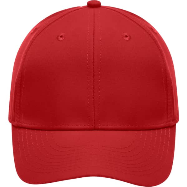 A red 6 panel polyester cap with a structured front and ventilation holes, featuring a logo.