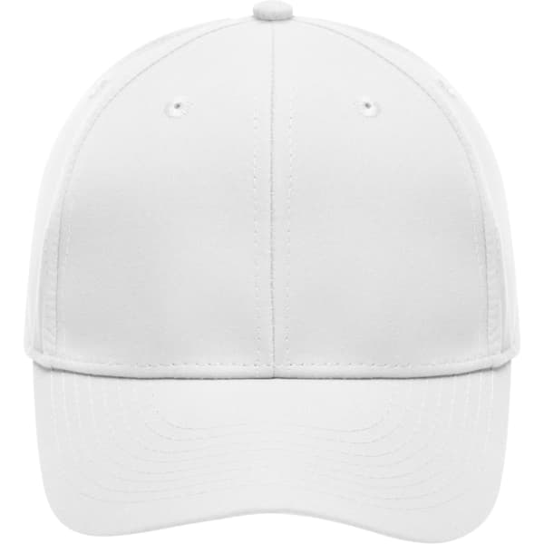 A white 6-panel polyester cap featuring a curved peak and a logo on the front.