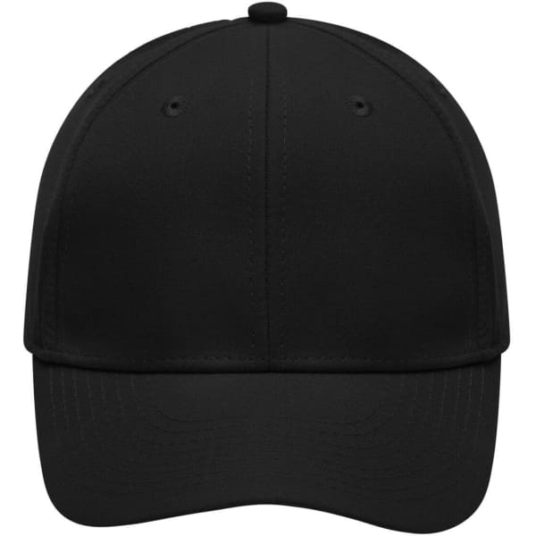 A black 6 panel polyester peach cap with a curved brim and eyelet ventilation holes, featuring a logo.
