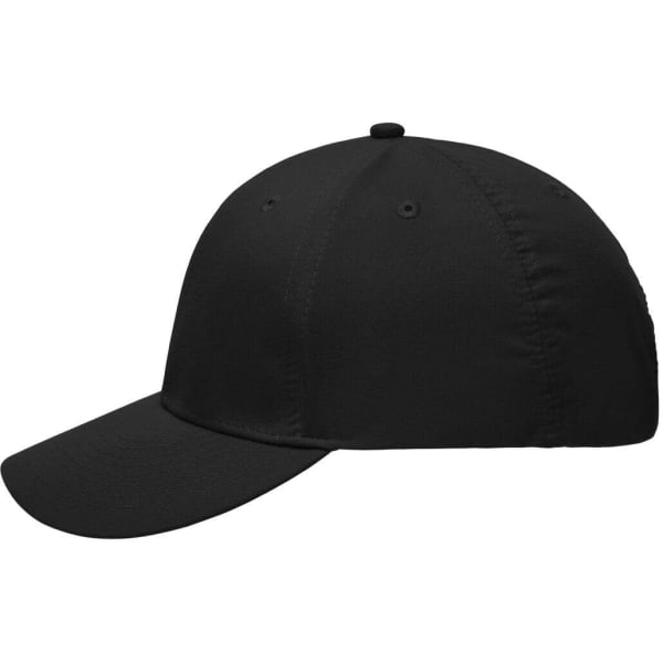A black six-panel polyester cap featuring a curved peak and a logo on the front.