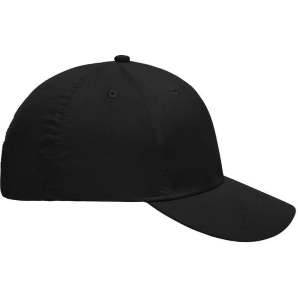 A black six-panel polyester cap with a curved brim and venting eyelets. Features a logo on the front.