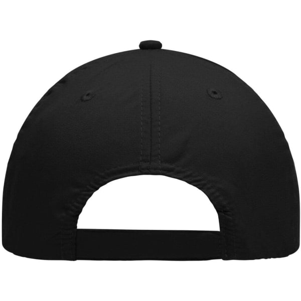 A black 6-panel polyester cap featuring a fitted back design and ventilation holes. It has a logo branding.