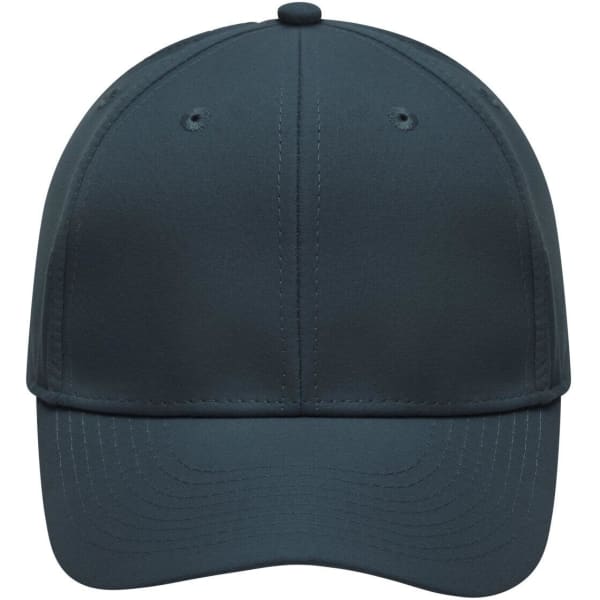 A grey 6-panel polyester cap with a rounded crown and a logo on the front.
