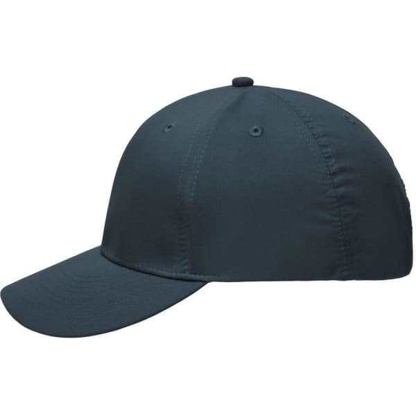 A navy blue 6-panel polyester peach cap featuring a curved peak and ventilation holes. It includes a logo.