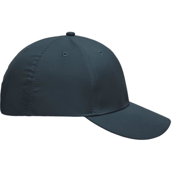 A dark blue six-panel polyester cap featuring a curved brim and a logo on the front.