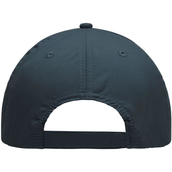 A dark-coloured 6-panel polyester peach cap with a curved brim and a rear adjustable strap. It has ventilation holes.