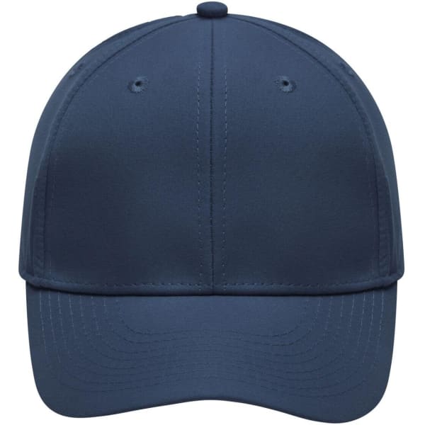 A navy blue 6-panel polyester peach cap with a logo on the front and ventilation holes on the top.