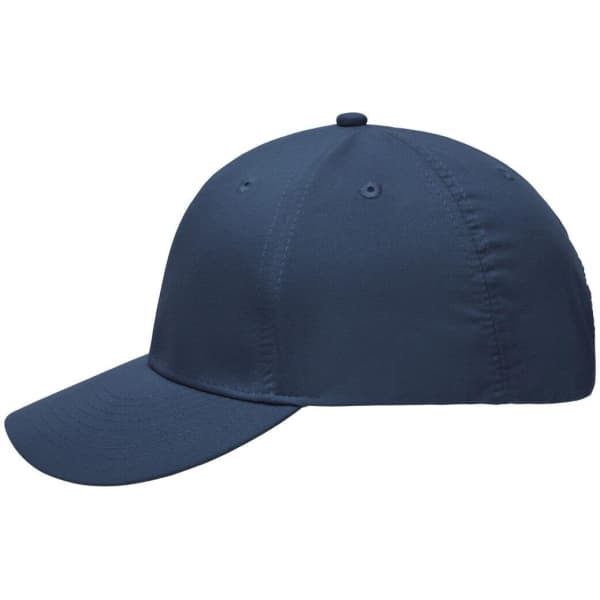 A navy blue 6 panel polyester peach cap featuring a curved visor and a logo on the side.