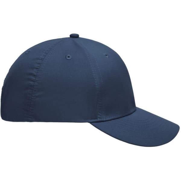 A navy blue 6 panel polyester cap featuring a structured design and a logo on the front.