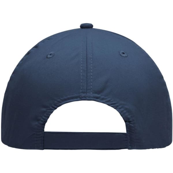 A navy blue 6 panel polyester cap featuring a rear opening and a ventilation eyelet. It includes a logo on the side.