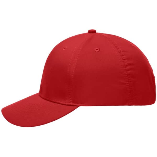 A red six-panel polyester cap with a curved visor and a logo.