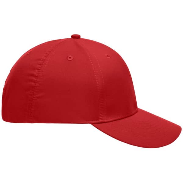 A red 6 panel polyester peach cap with a rounded crown and a curved brim, featuring a logo.