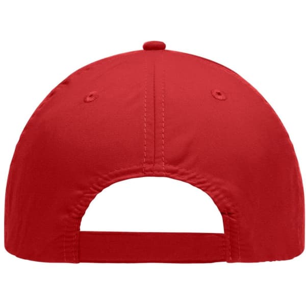 A red 6-panel polyester cap featuring a secured back and ventilation holes. The cap has a branding logo.