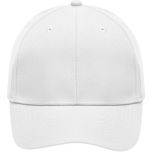 A white 6-panel polyester cap with a curved brim and a logo on the front.