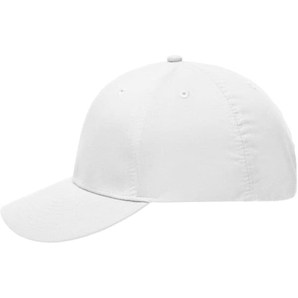 A white 6 panel polyester peach cap with a curved brim and a logo on the side.