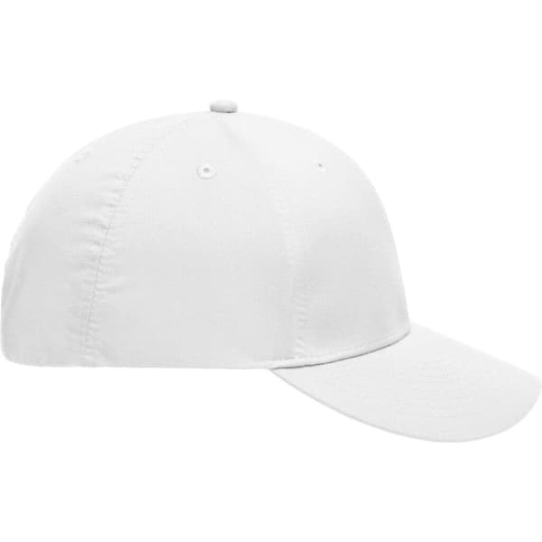 A white six-panel polyester peach cap with a curved brim and a logo on the side.