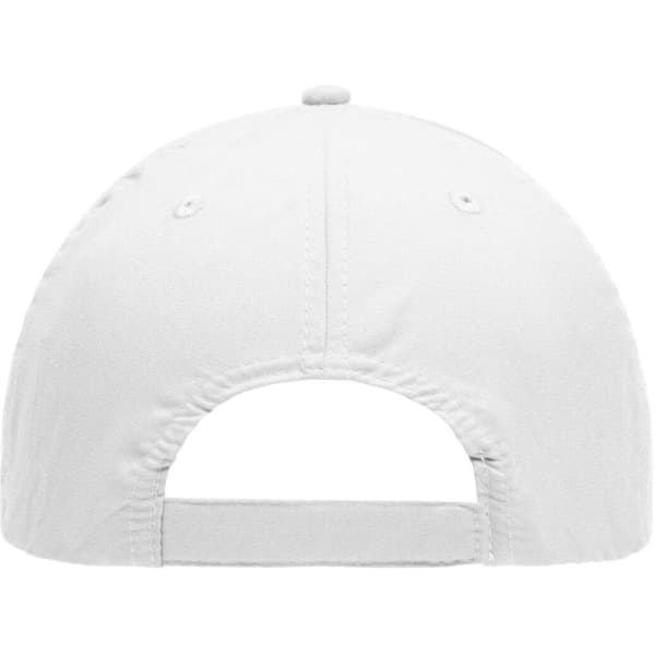 A white polyester peach cap featuring a classic six-panel design and an adjustable strap at the back.