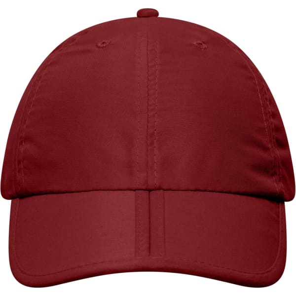 A maroon six-panel cap with a rounded peak and a logo on the front.