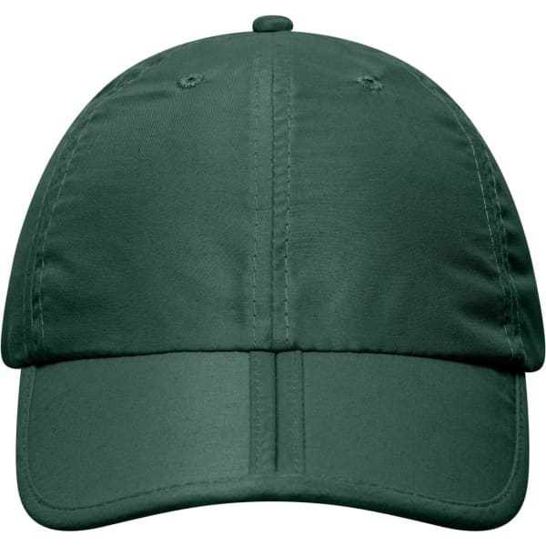 A dark green cap featuring a curved brim and fabric detailing, with a logo on the front.