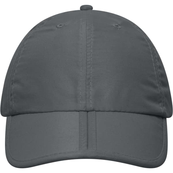 A grey six-panel cap featuring a structured front and a curved brim, with a logo on the front.