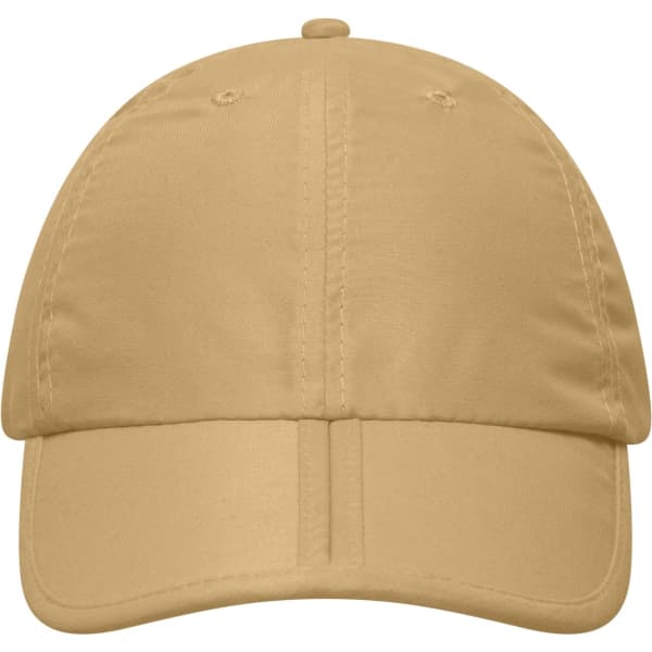 A beige cap with a curved brim and two front panels, featuring a logo on the front.