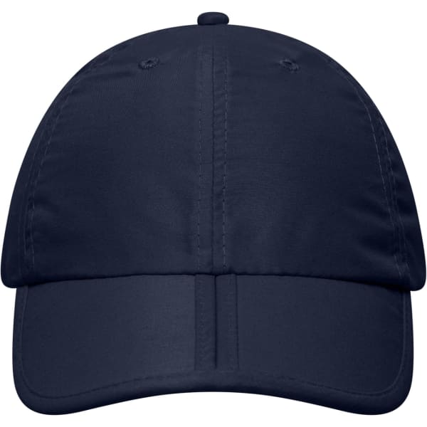 A navy blue cap with a structured front and a curved brim, featuring stitching details and a logo.