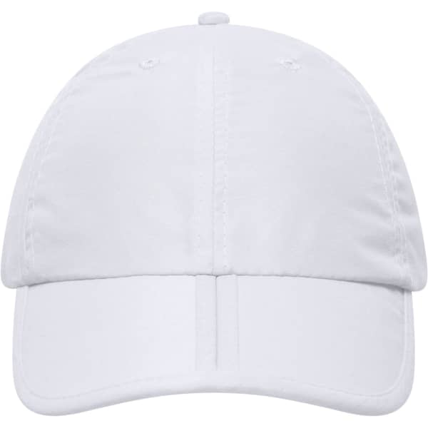 A white six-panel cap with a curved brim and a logo on the front.