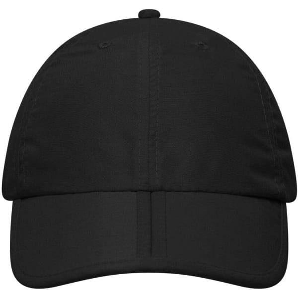 A black six-panel cap featuring a curved brim and a logo on the front.
