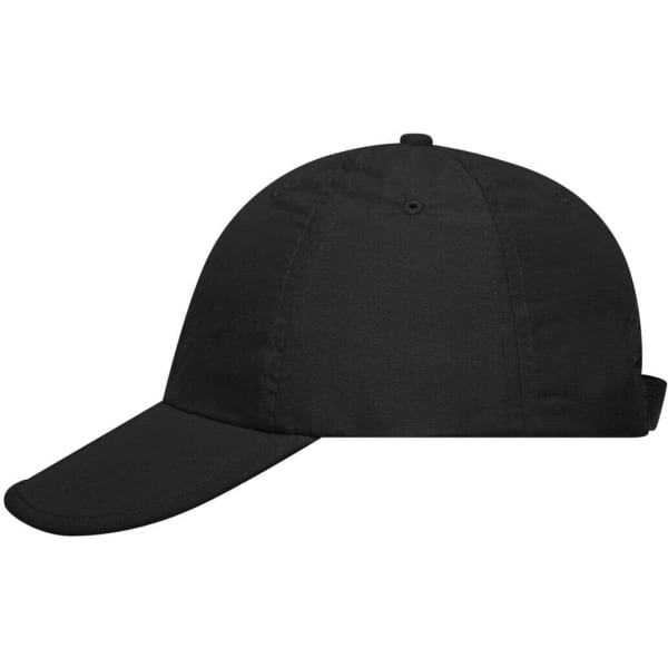 A black six-panel cap featuring a curved brim and an adjustable strap at the back, with a logo visible.