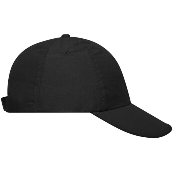 A black six-panel cap with a curved brim and an adjustable strap at the back, featuring a logo.