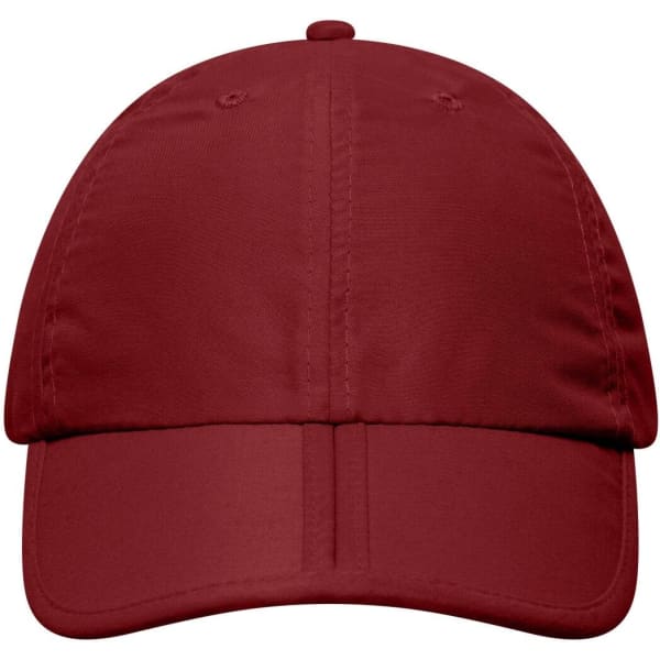 A maroon cap featuring a baseball-style design and a logo on the front. It has a structured, six-panel construction.