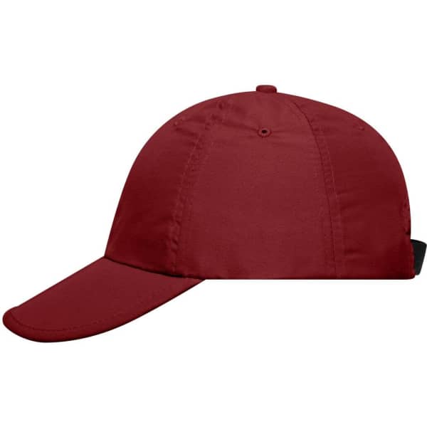 A red six-panel cap featuring a curved peak and an adjustable strap at the back. It includes a logo on the front.