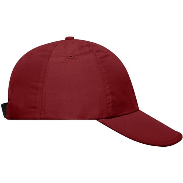 A maroon cap with a curved brim and a logo. The cap has a six-panel design and an adjustable strap.