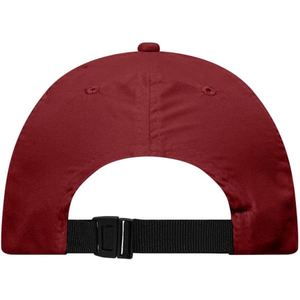 A red six-panel cap featuring an adjustable black strap at the back and a logo.