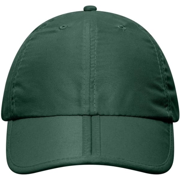 A green six-panel cap with a curved brim and an adjustable strap at the back. It features a logo on the front.