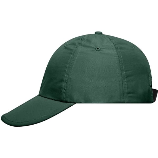 A dark green cap featuring a rounded top and a curved brim, with a logo on the side.