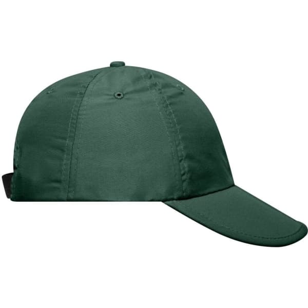 A green 6-panel cap with a curved peak, featuring a black adjustable strap at the back and a logo.