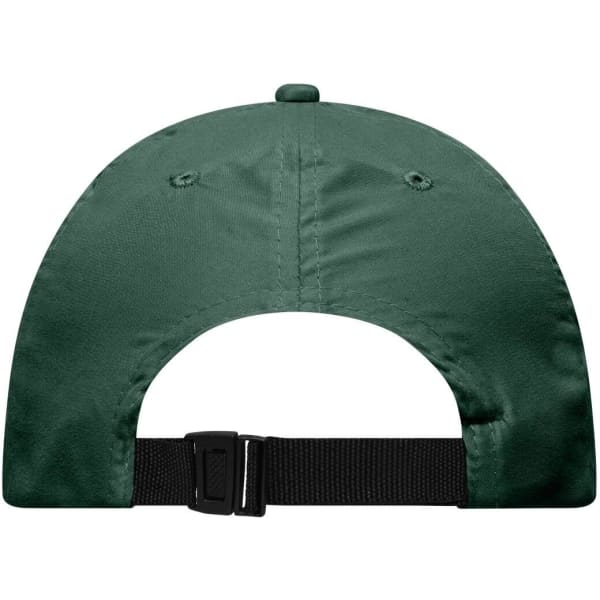 A green cap with a black adjustable strap at the back, featuring ventilation eyelets and a button on top.