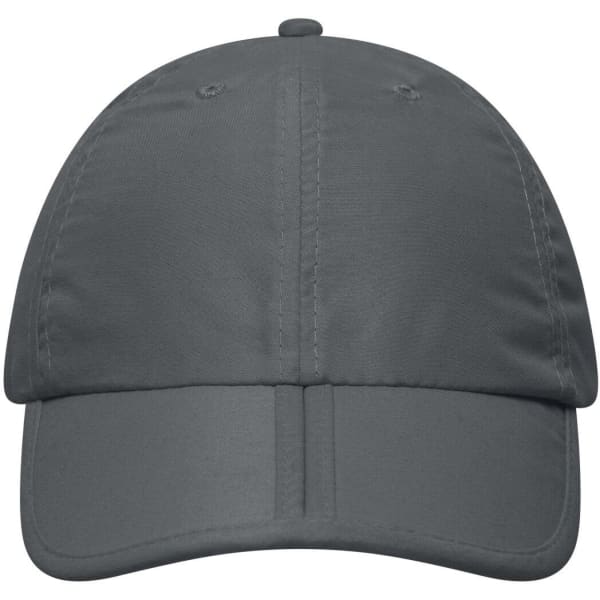 A grey cap with a structured front and a curved brim, featuring a logo on its side.